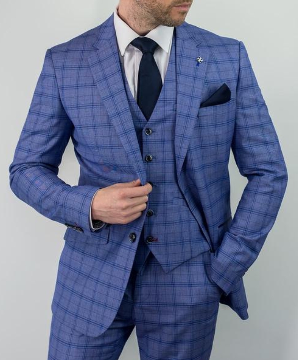 Driedelig Trouwpak Tama Slim Fit Blue Check huismerk kopen in de aanbieding