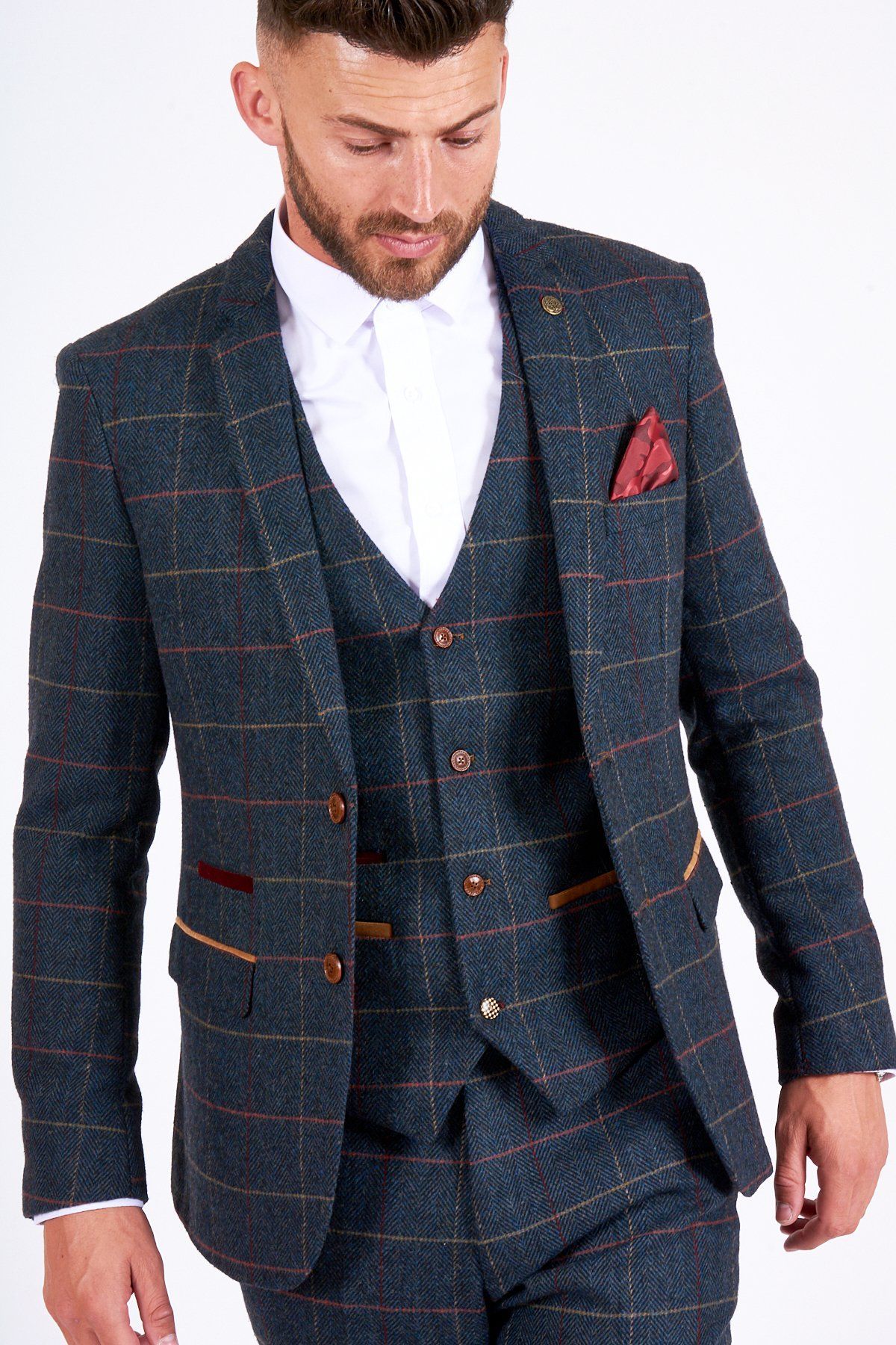 Driedelig pak Marc Darcy Navy tweed Driedeligpak.nl